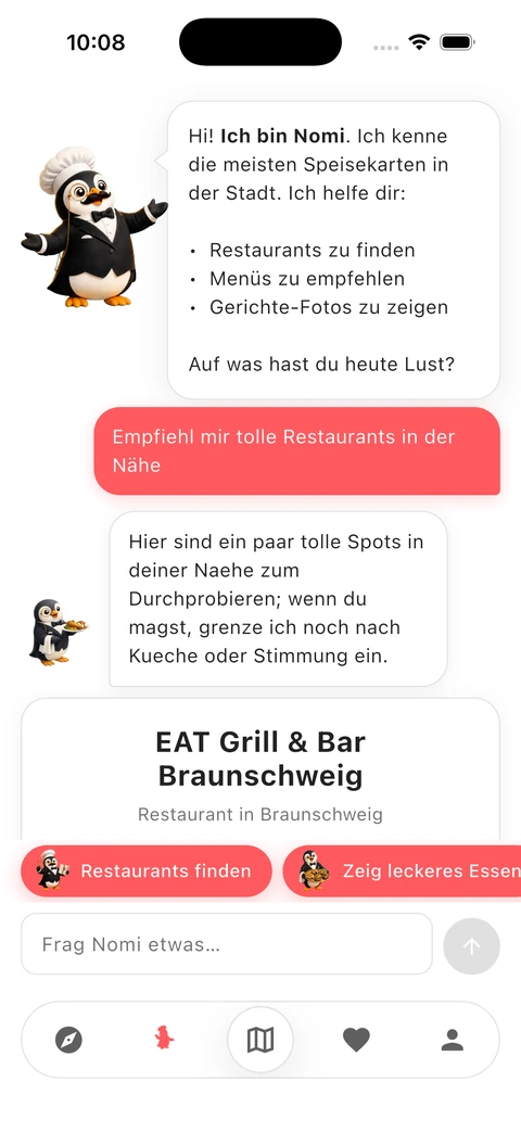 Nomi recommending restaurants in the Nomora app