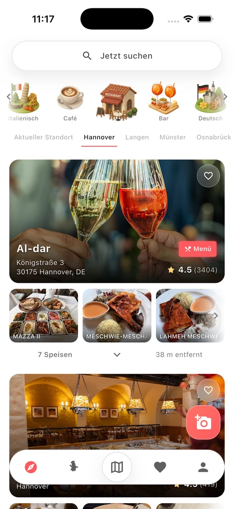The Nomora app showing restaurant discovery on a white interface