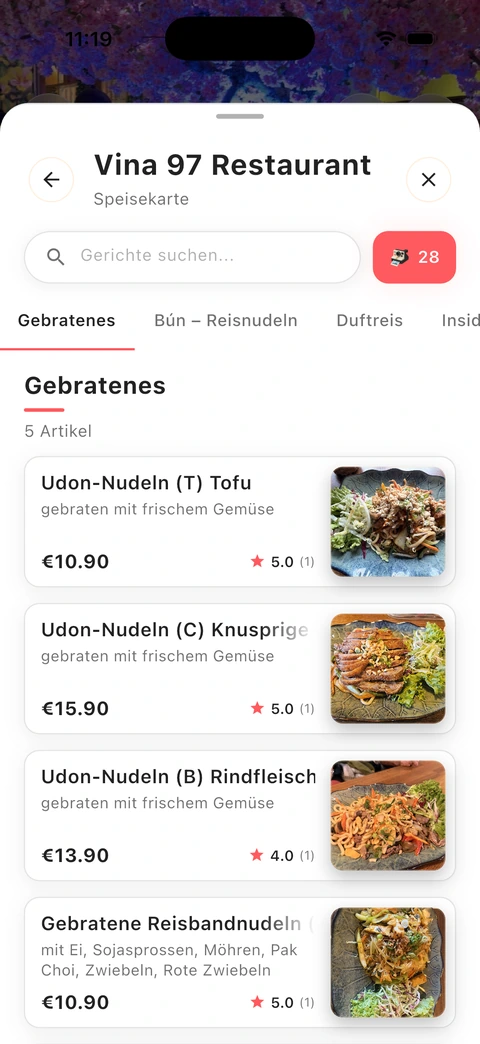 A real Nomora menu with dish photos and transparent prices