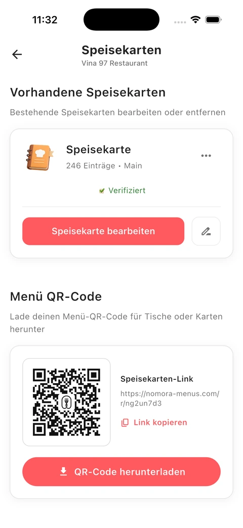 Menu management and a menu QR code in the Nomora app