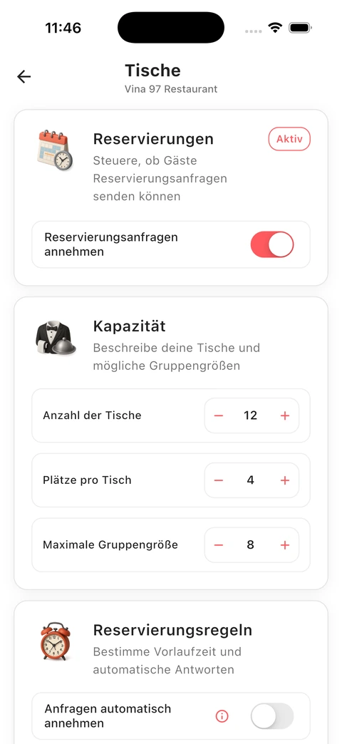 Table reservations and capacity settings in the Nomora app